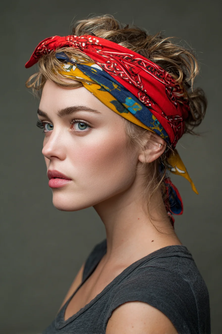Textured Short Curly Hair with Double Bandana Wrap