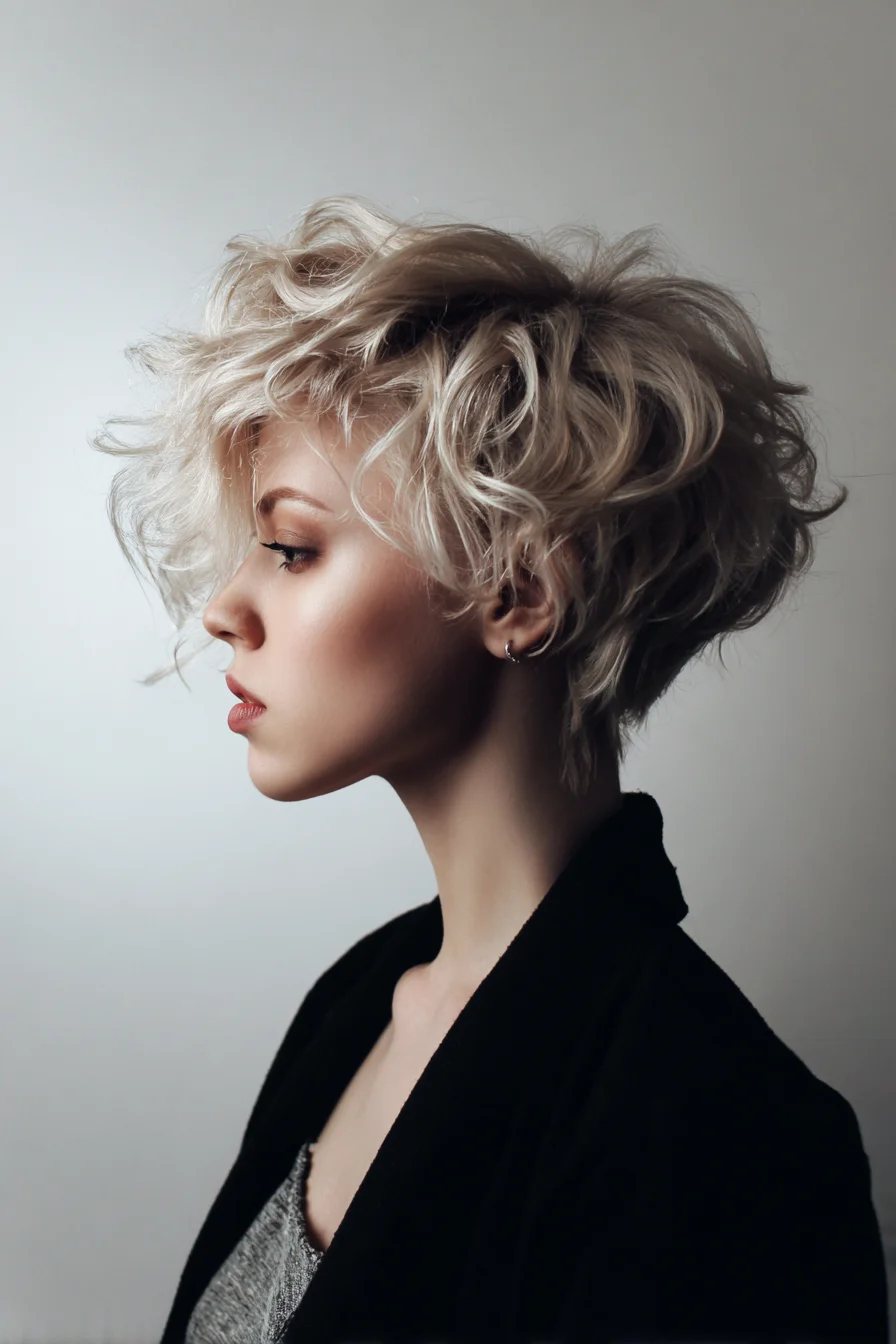 Textured Short Curly Pixie with Side‑Swept Fringe — Platinum Blonde