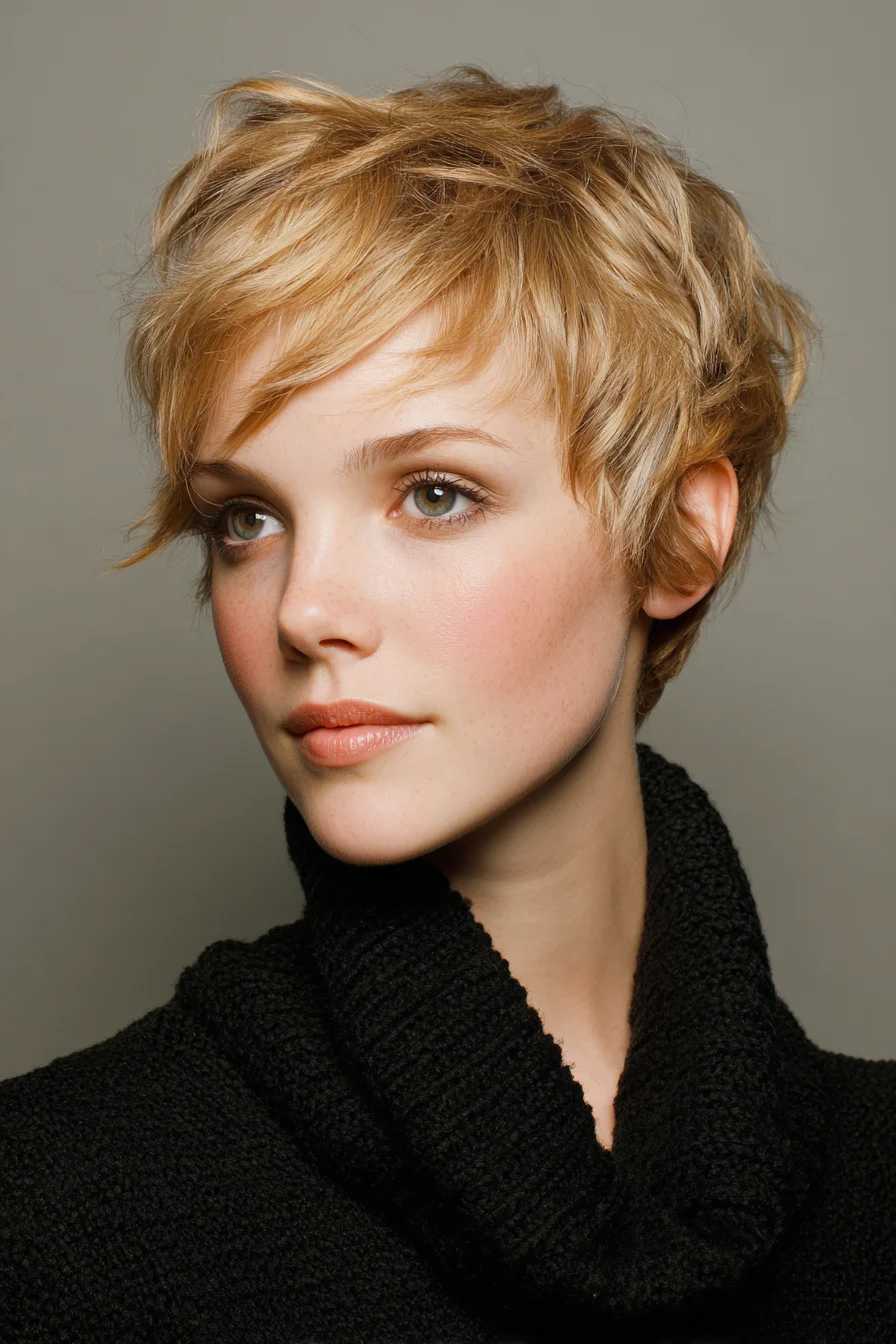 Textured Short Pixie Cut with Soft Fringe and Layered Blonde