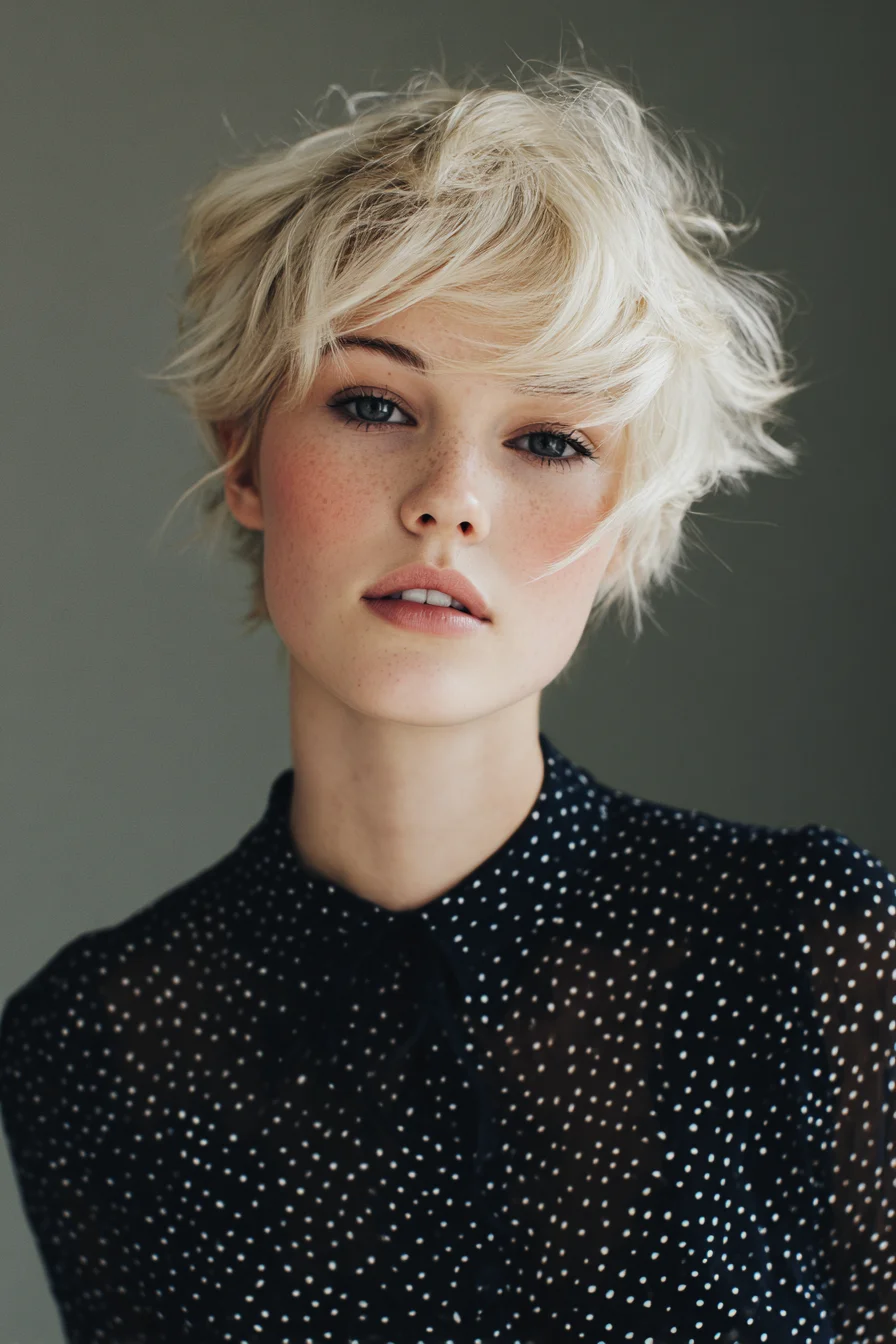 Textured Short Pixie with Long Choppy Fringe — Tousled Blonde Finish