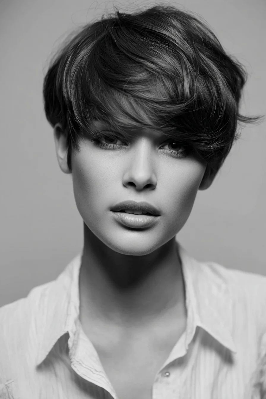 Textured Short Pixie with Long Side‑Swept Fringe and Layered Volume