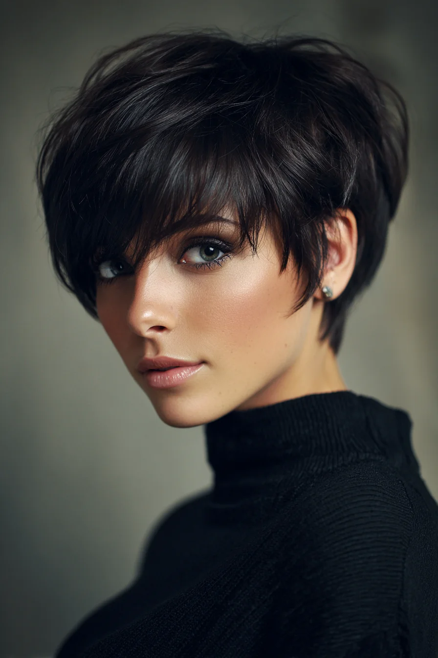 Textured Short Pixie with Long Side‑Swept Fringe — Layered Short Hairstyle