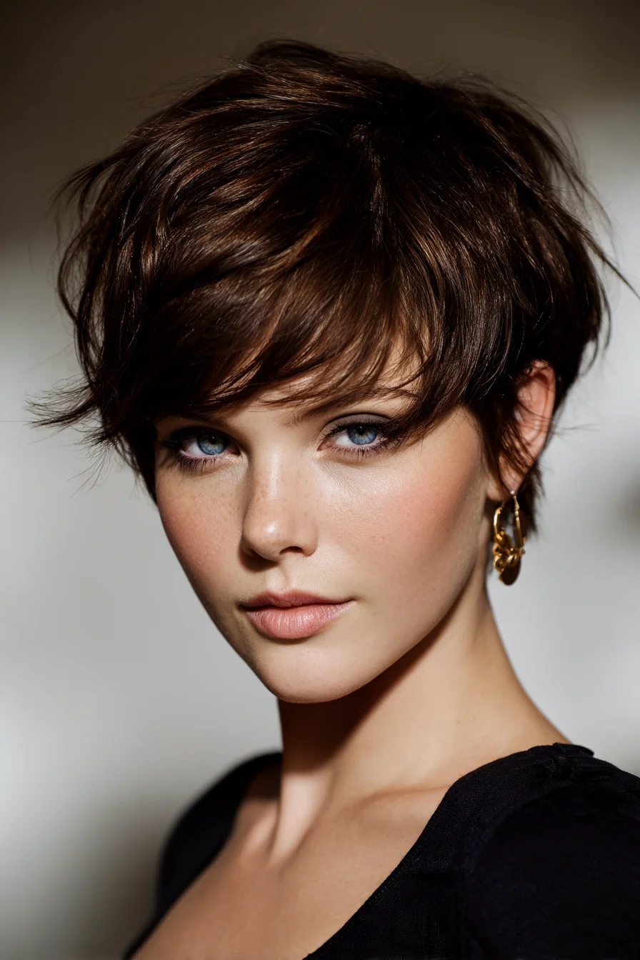 Textured Short Pixie with Side‑Swept Fringe — Tousled Layered Cut