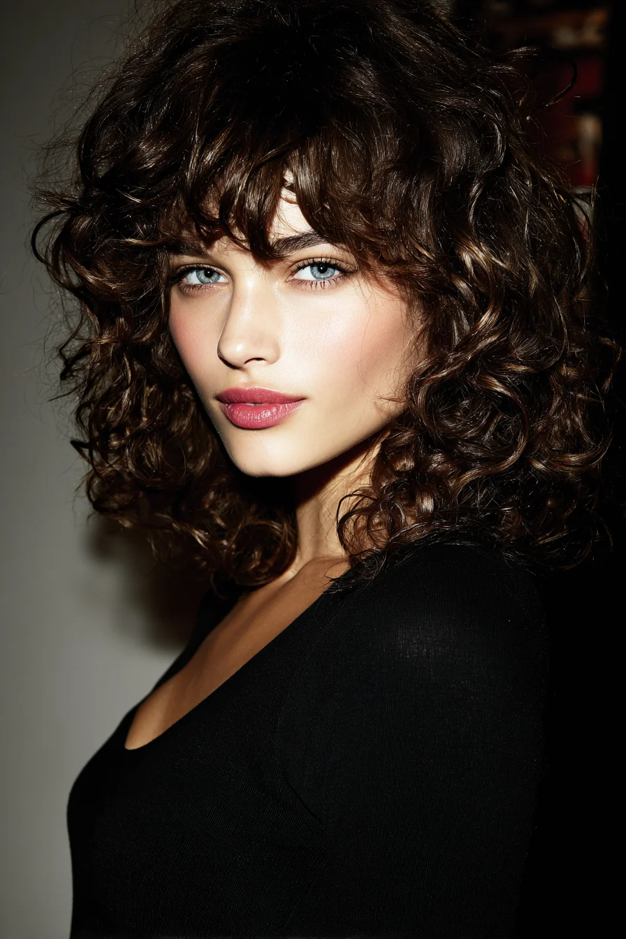 Textured Shoulder-Length Curly Bob with Soft Curly Bangs