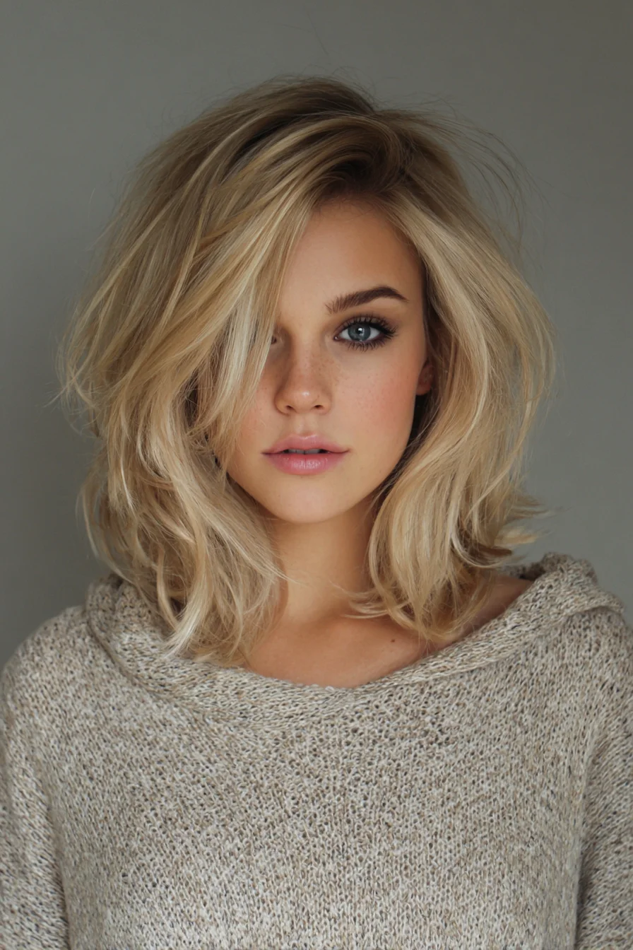 Textured Shoulder-Length Layered Lob with Face-Framing Curtain Bangs