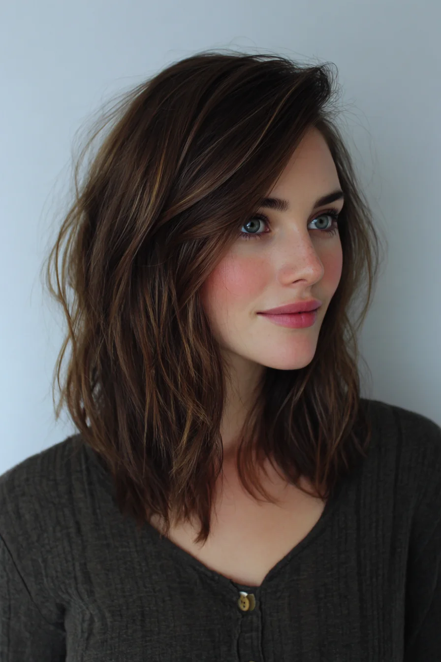 Textured Shoulder-Length Lob with Side-Swept Layers