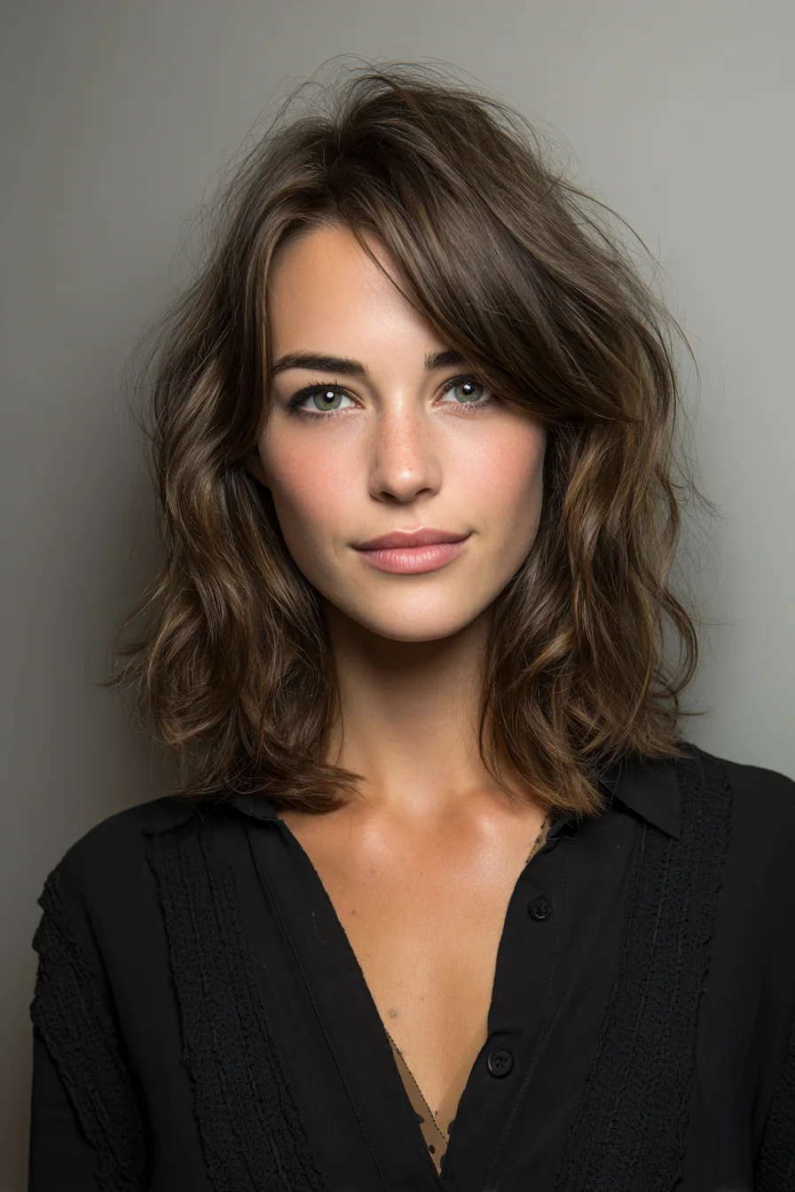 Textured Shoulder-Length Lob with Soft Curtain Bangs — Tousled Waves