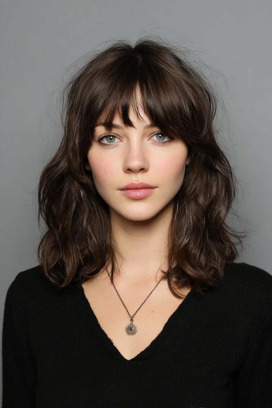 Textured Shoulder-Length Shag with Wispy Curtain Bangs