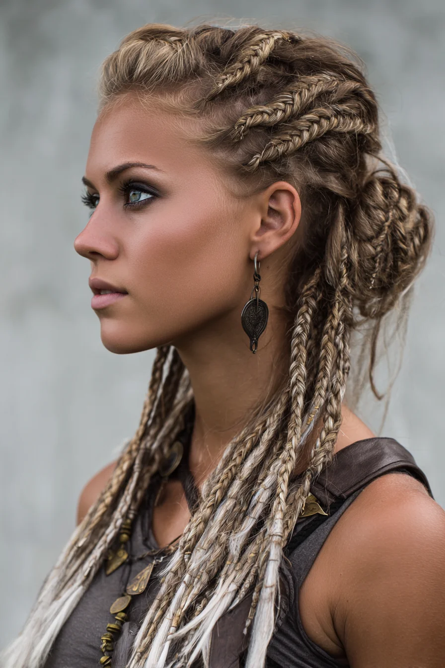 Textured Side Cornrows with Long Micro Braids and Low Braided Bun