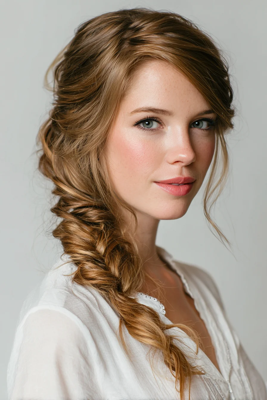 Textured Side Fishtail Braid with Soft Face‑Framing Tendrils