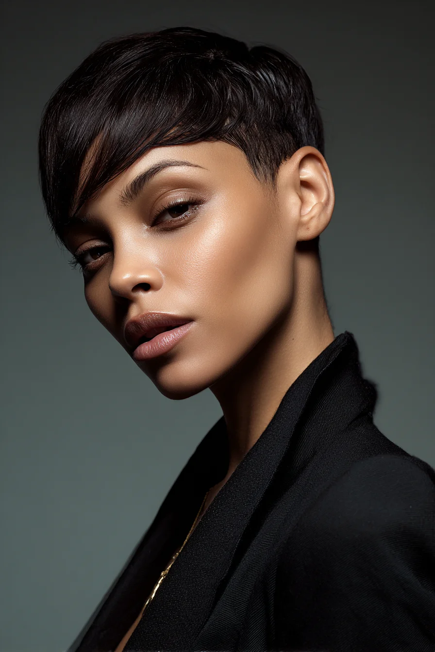 Textured Sleek Pixie with Long Side Fringe and Tapered Sides