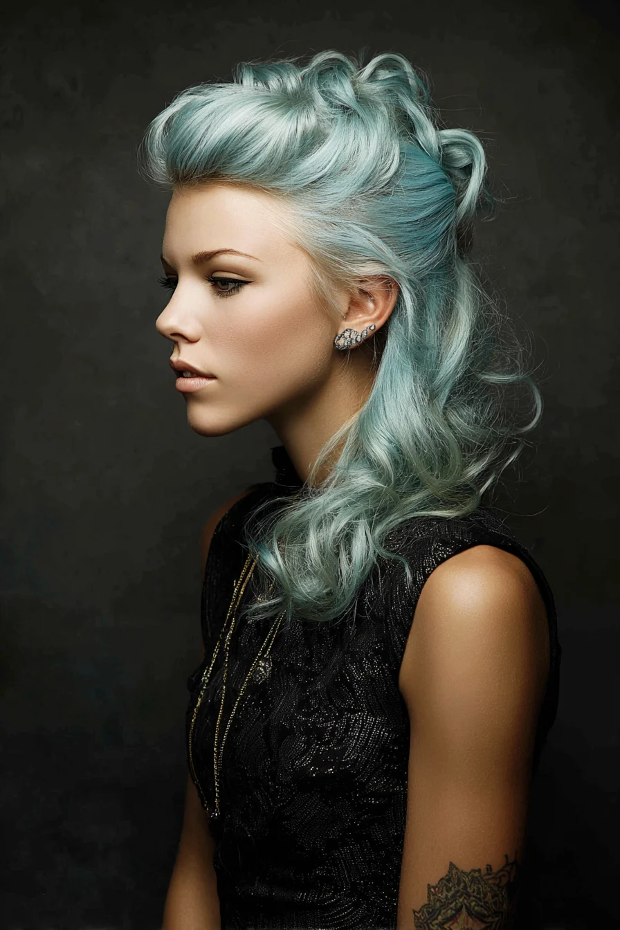 Textured Teal Pompadour Half-Up with Loose Waves