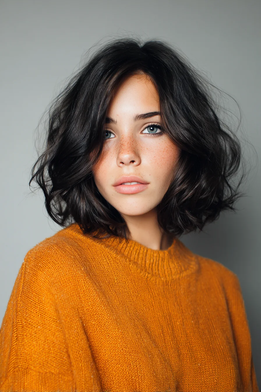 Textured Tousled Chin-Length Wavy Bob with Curtain Layers