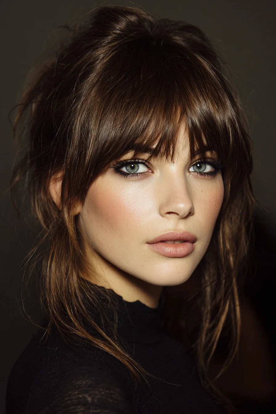 Textured Tousled Half-Up with Curtain Bangs for Medium-Length Hair