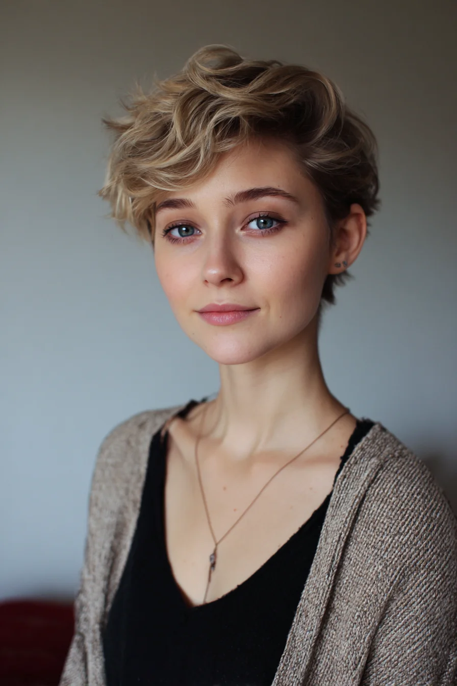 Textured Tousled Pixie Cut — Short Layered Blonde with Side-Swept Fringe