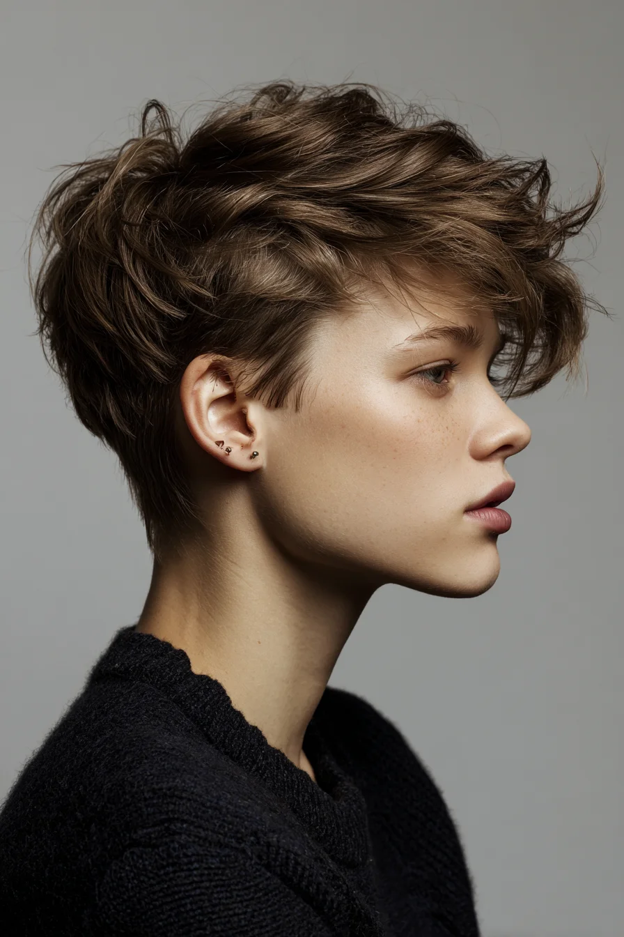 Textured Tousled Pixie Cut with Long Top and Tapered Nape