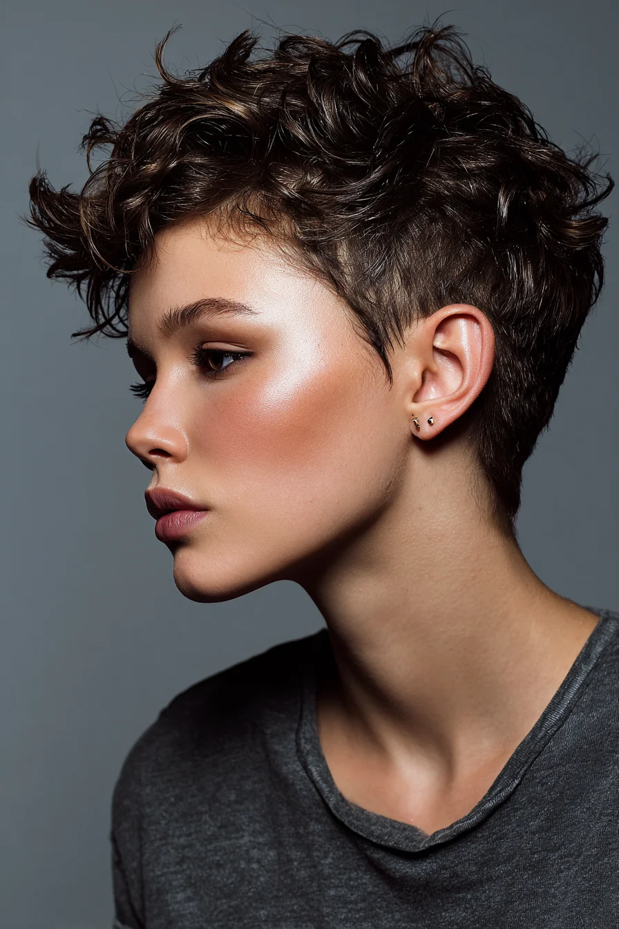 Textured Tousled Pixie with Curled Top — Short Wavy Pixie Cut