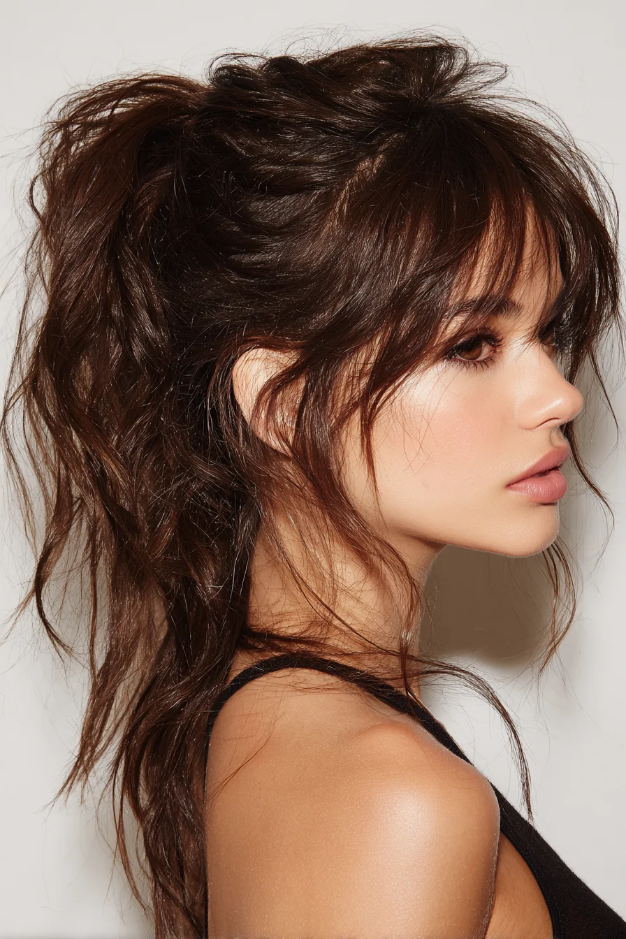 Textured Tousled Ponytail with Curtain Bangs