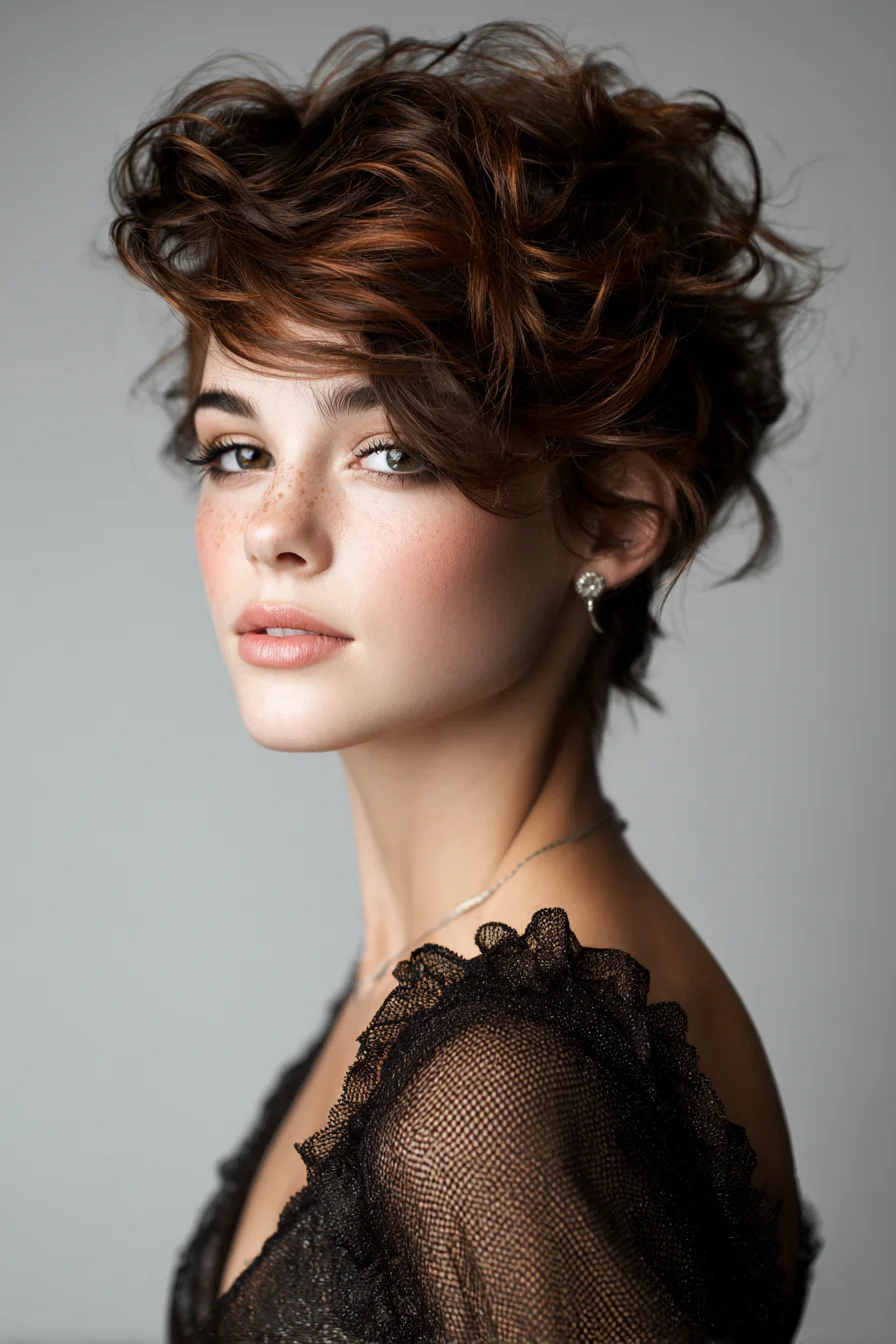 Textured Tousled Short Pixie with Voluminous Waves and Side-Swept Fringe