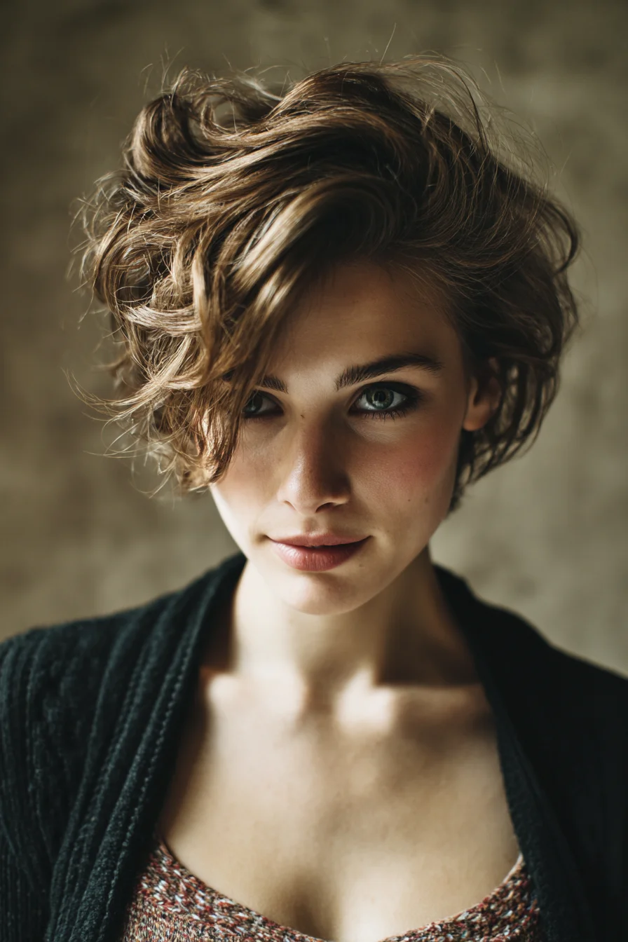 Textured Tousled Short Wavy Bob — Voluminous Side‑Swept Pixie-Bob