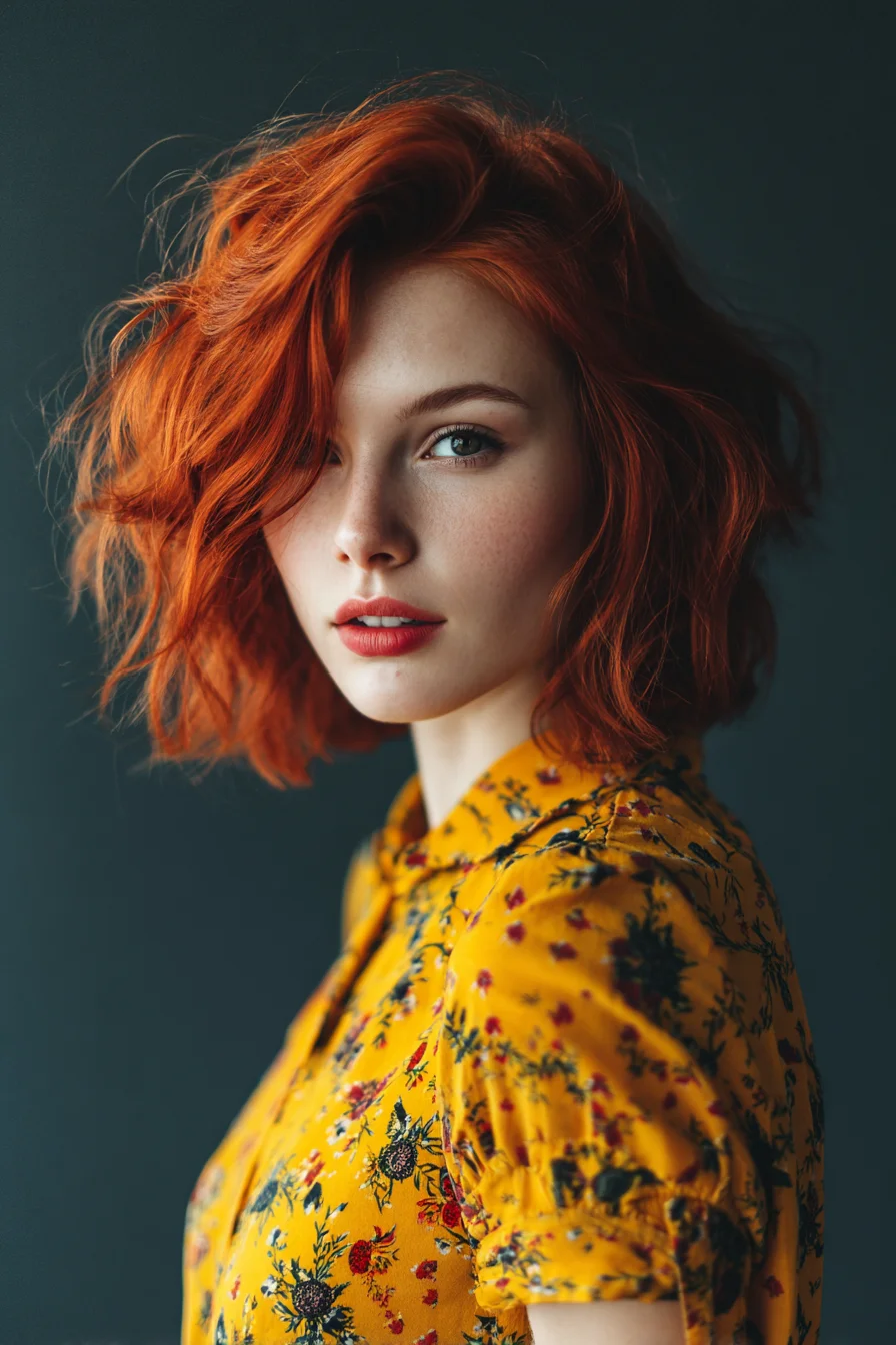 Textured Tousled Wavy Red Bob — Layered Chin-Length Cut