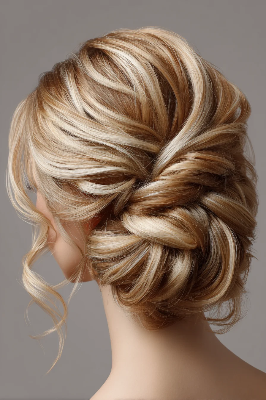 Textured Twisted Low Chignon Updo with Face‑Framing Tendrils