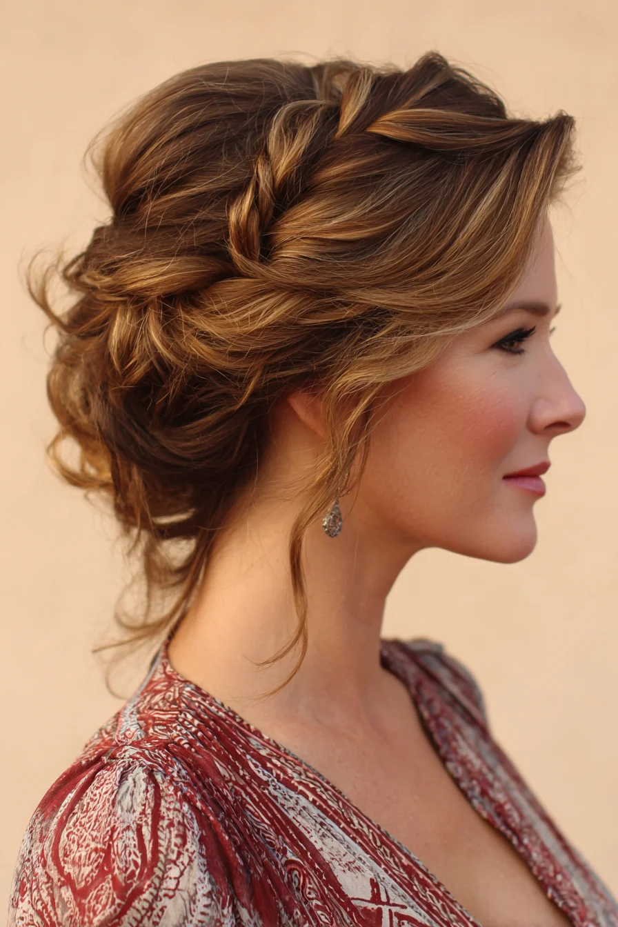 Textured Twisted Low Updo with Face‑Framing Tendrils