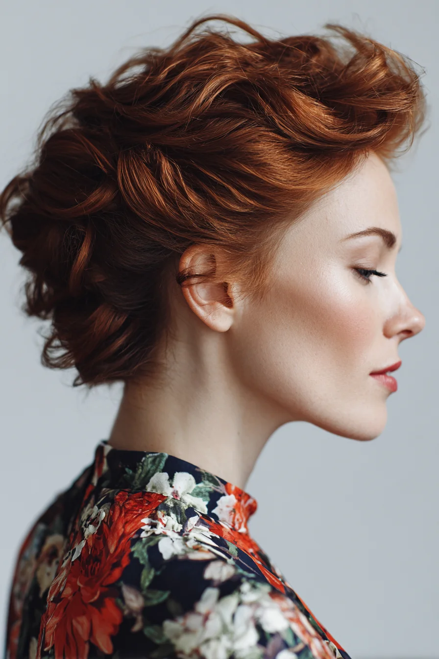 Textured Vintage Updo with Soft Waves (Short–Medium Hair)