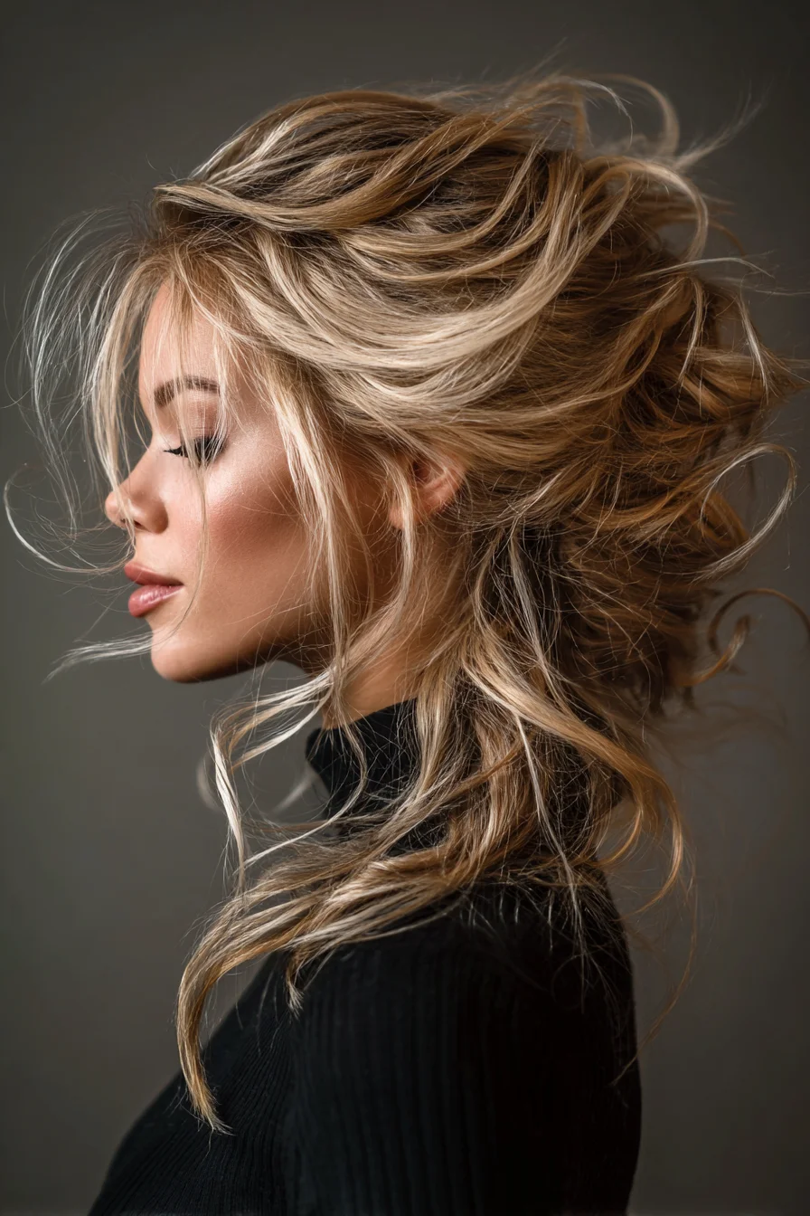 Textured Voluminous Messy Updo with Face‑Framing Layers