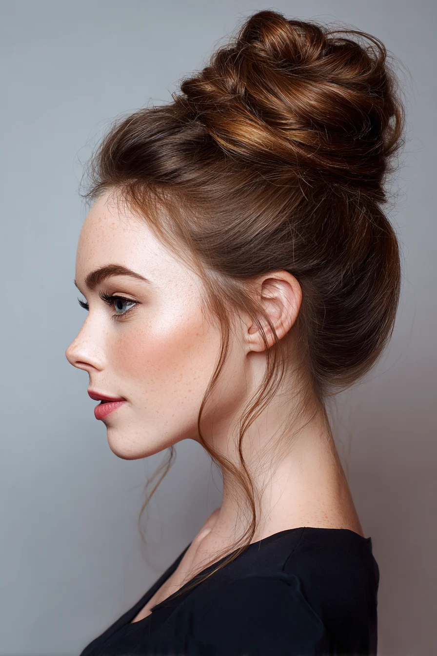 Textured Voluminous Top Knot Bun with Face‑Framing Tendrils