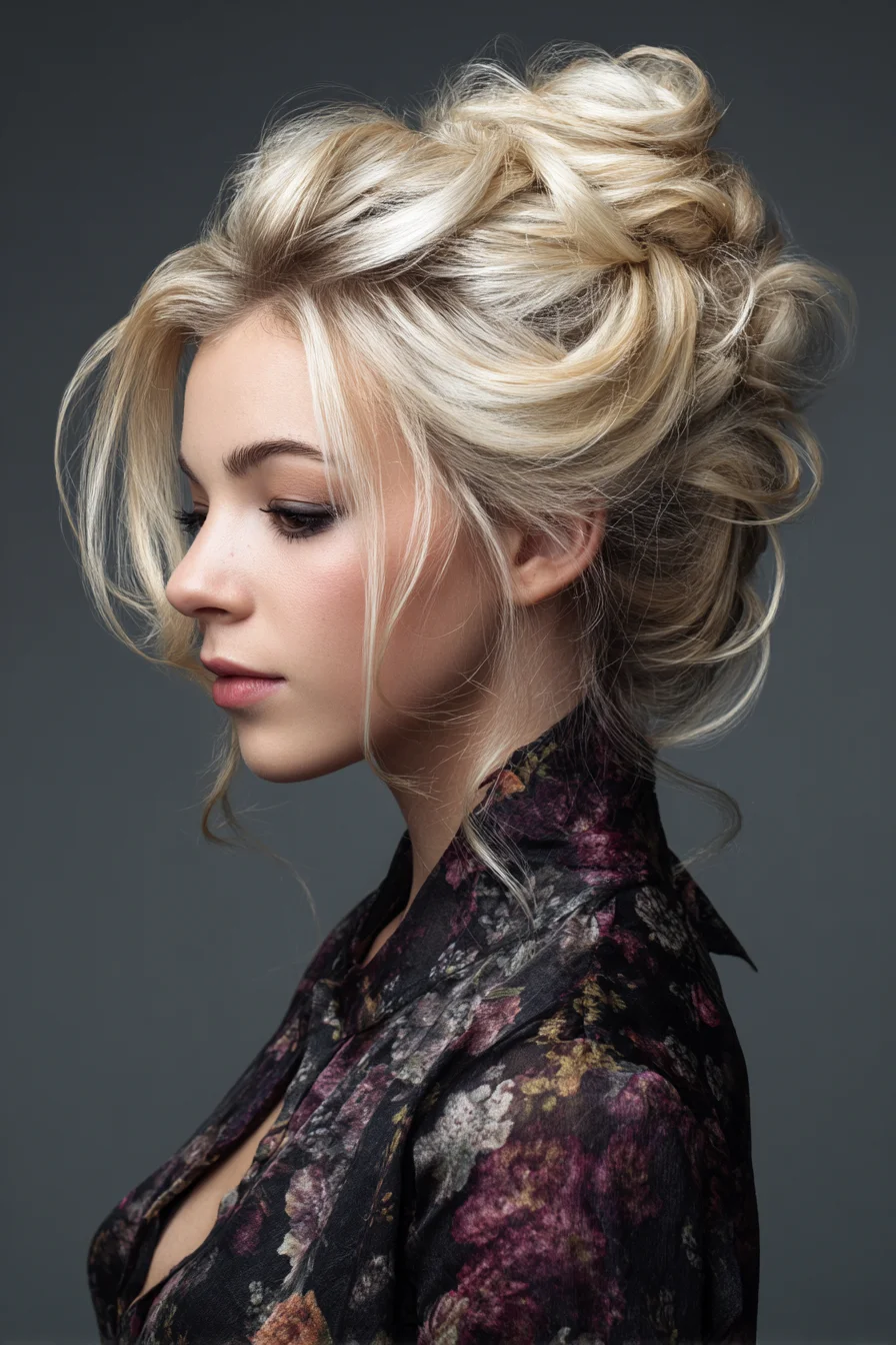 Textured Voluminous Tousled Updo with Face‑Framing Pieces