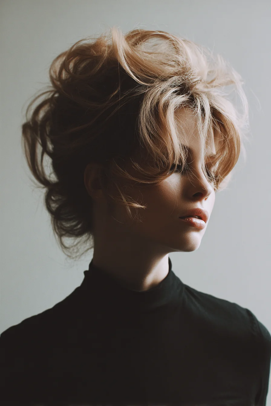 Textured Voluminous Updo with Tousled Face‑Framing Layers