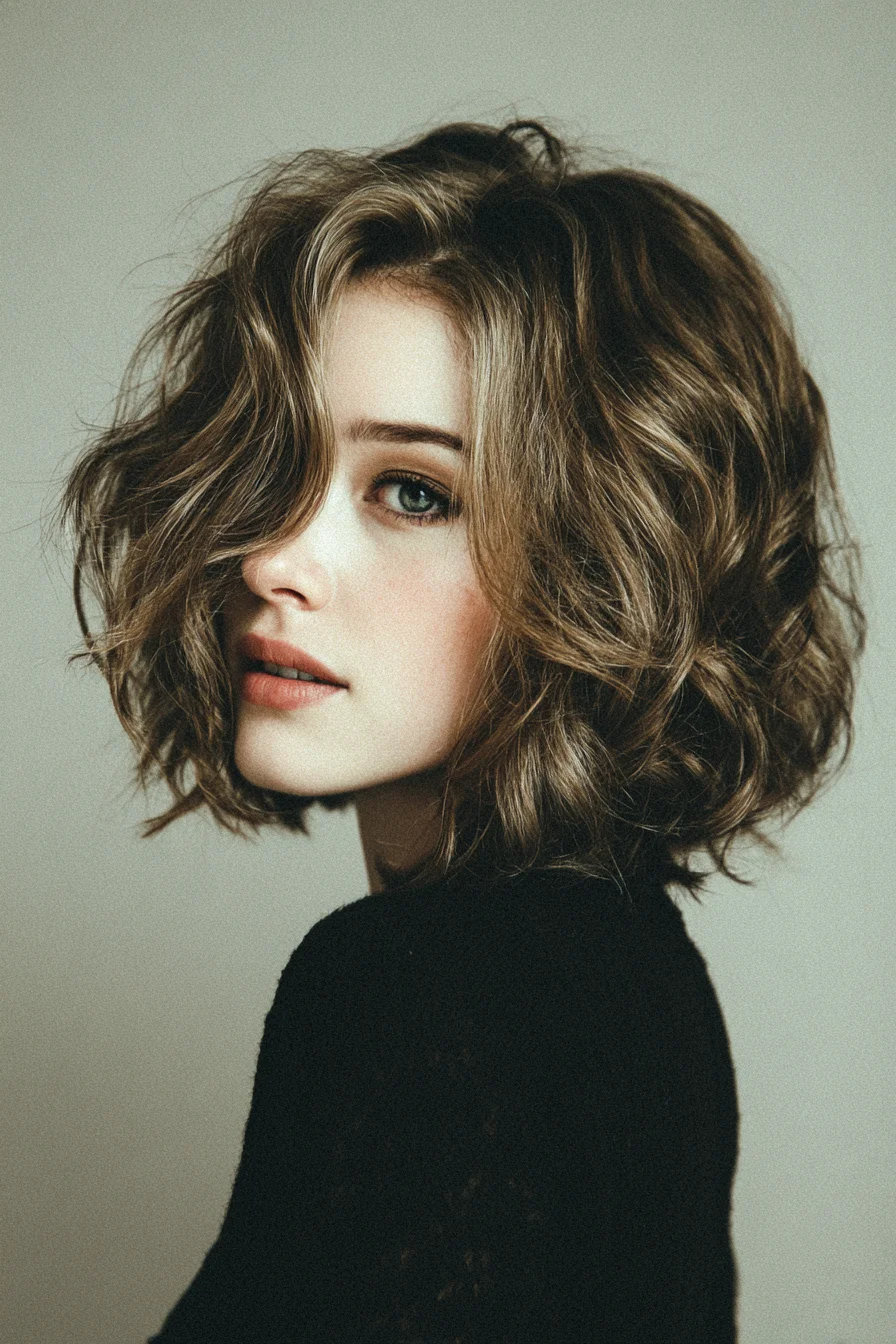 Textured Wavy Chin-Length Bob with Side-Swept Fringe