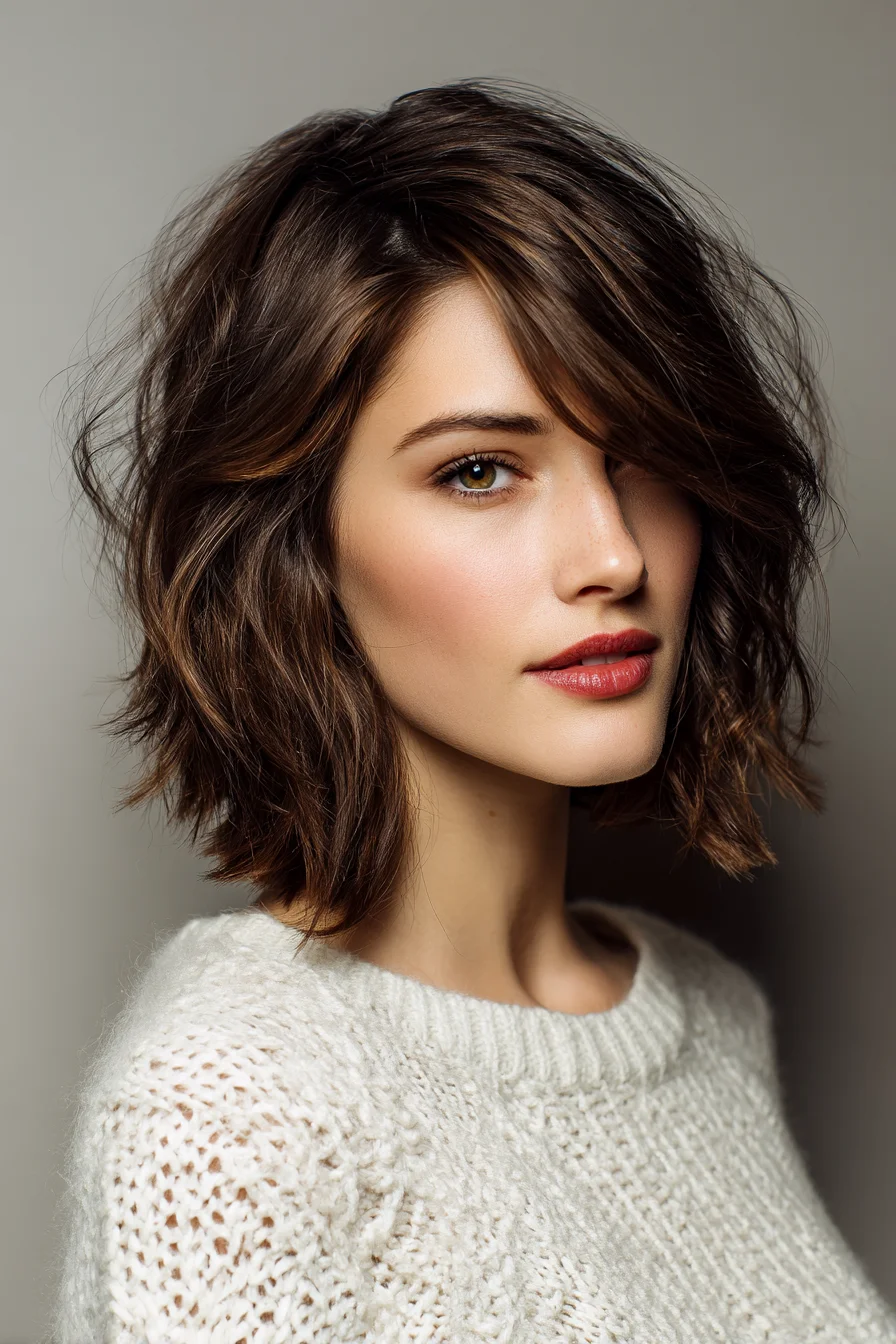 Textured Wavy Chin-Length Bob with Side-Swept Fringe