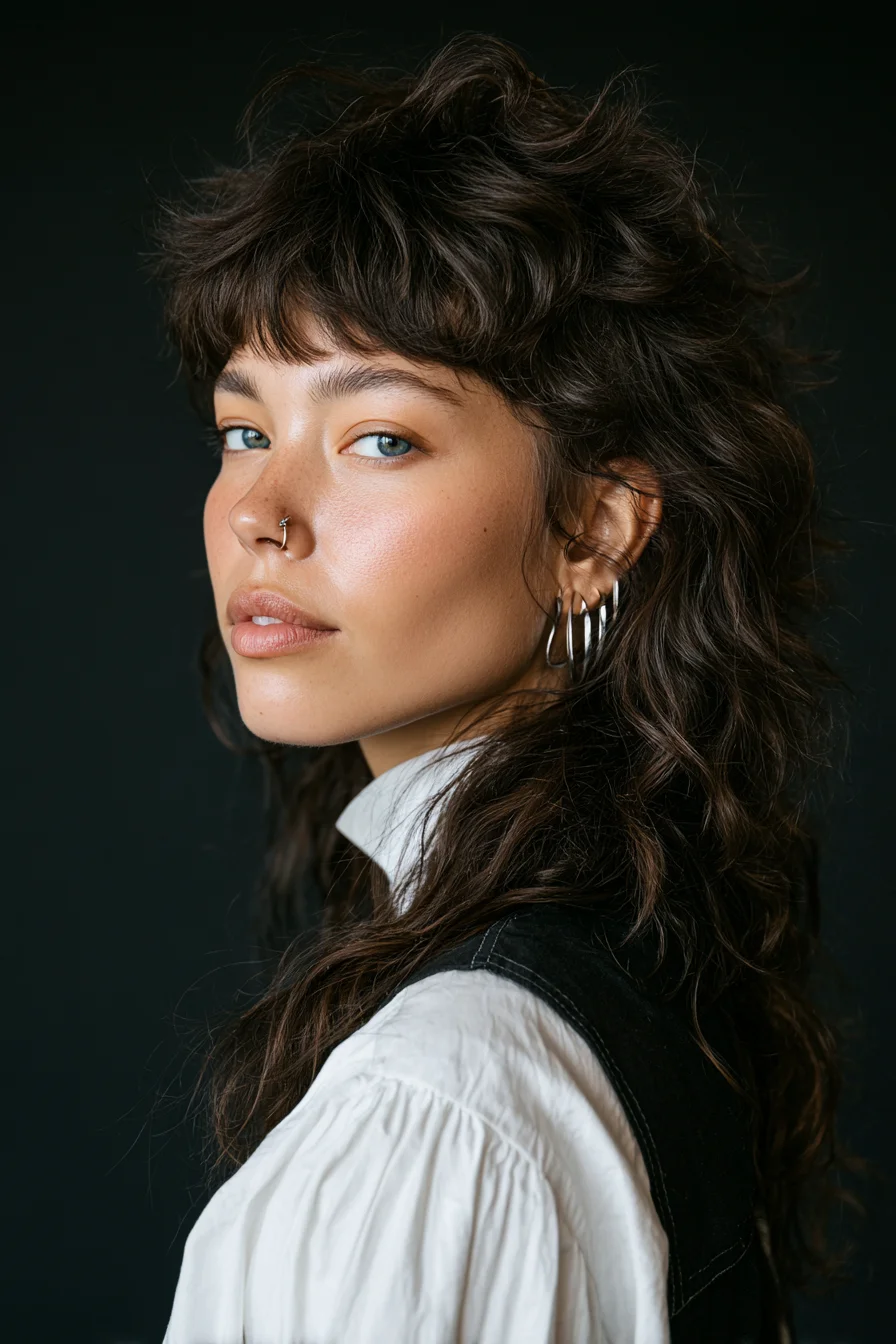 Textured Wavy Shag Mullet with Short Curtain Bangs