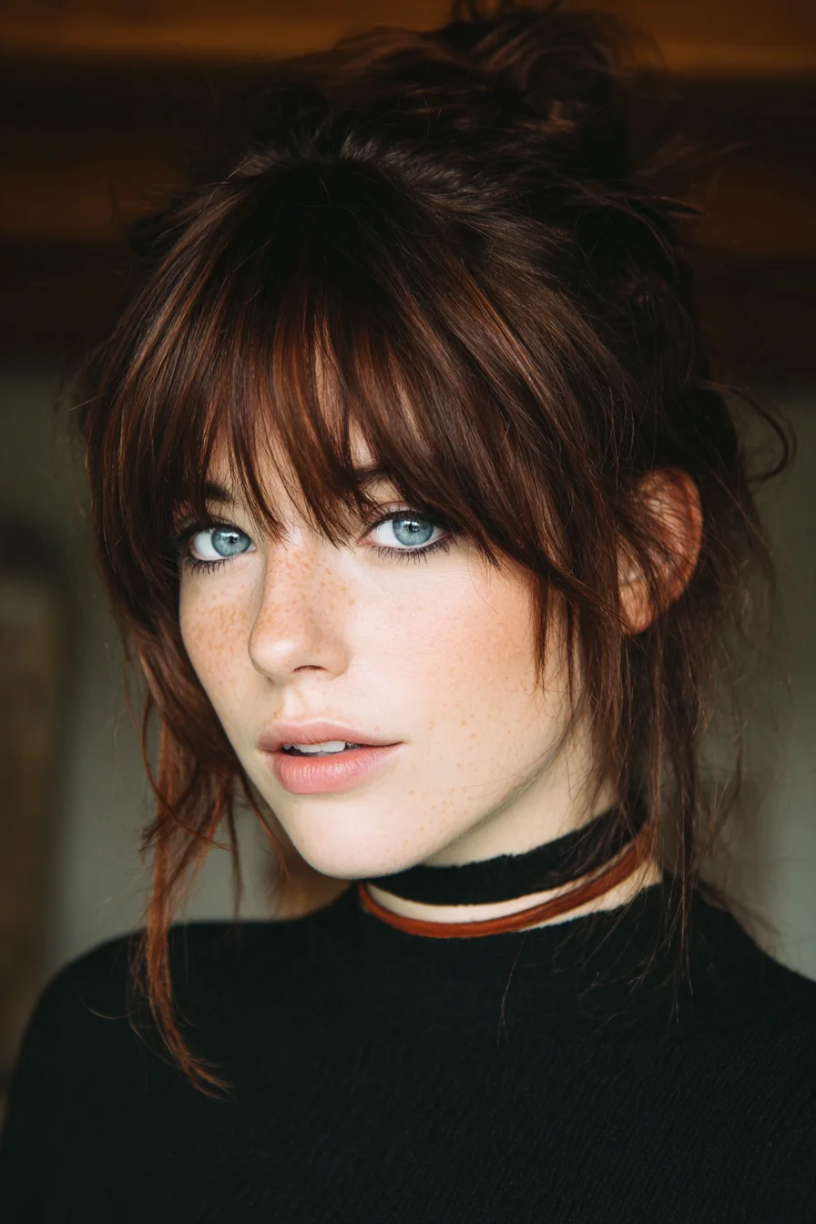 Tousled Messy Bun with Wispy Curtain Bangs