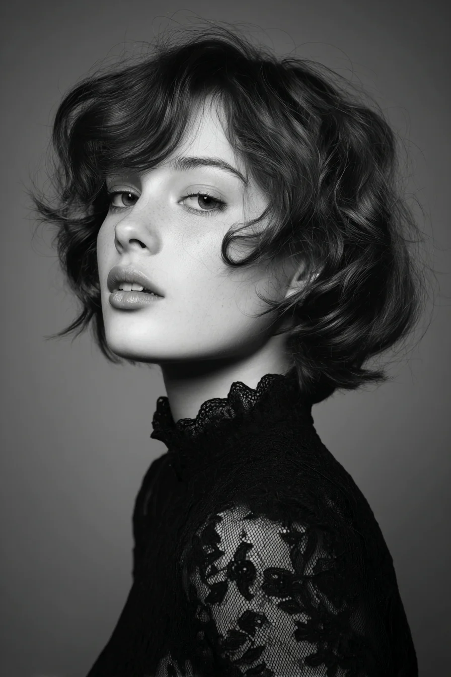 Tousled Short Wavy Bob with Soft Curtain Bangs