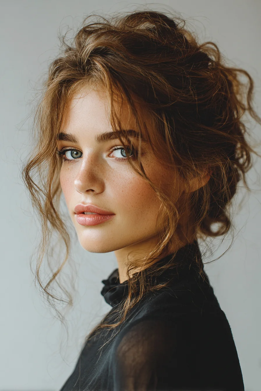 Tousled Textured Updo with Face‑Framing Waves (Messy Low Bun)