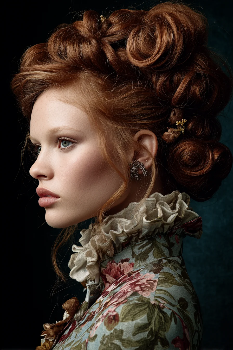 Victorian-Inspired Voluminous Rolled Updo — Red Hair, Textured Formal Style