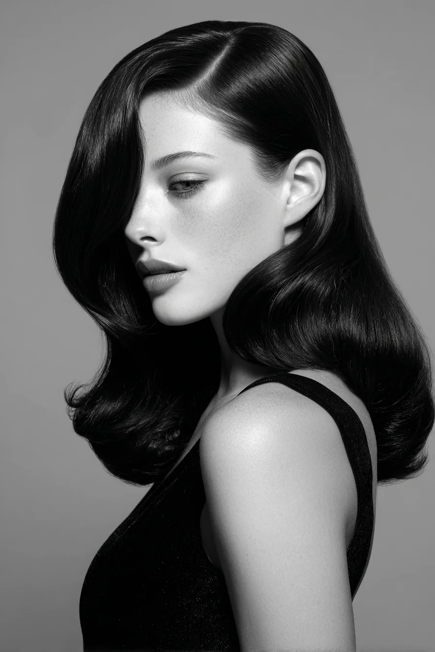 Vintage Hollywood Waves — Deep Side Part Glossy Mid-Length Blowout