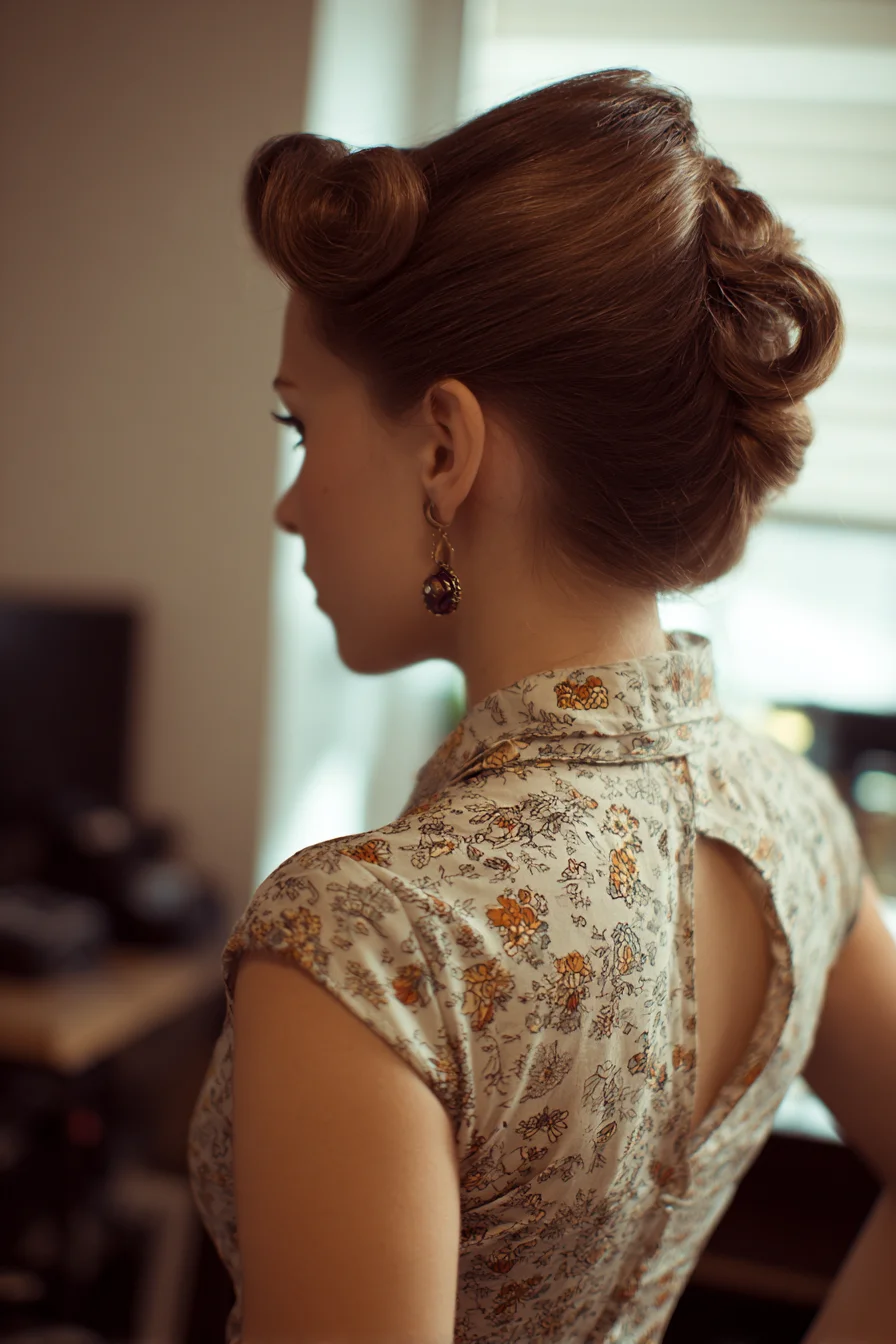 Vintage Twisted Updo with Front Roll and Low Chignon
