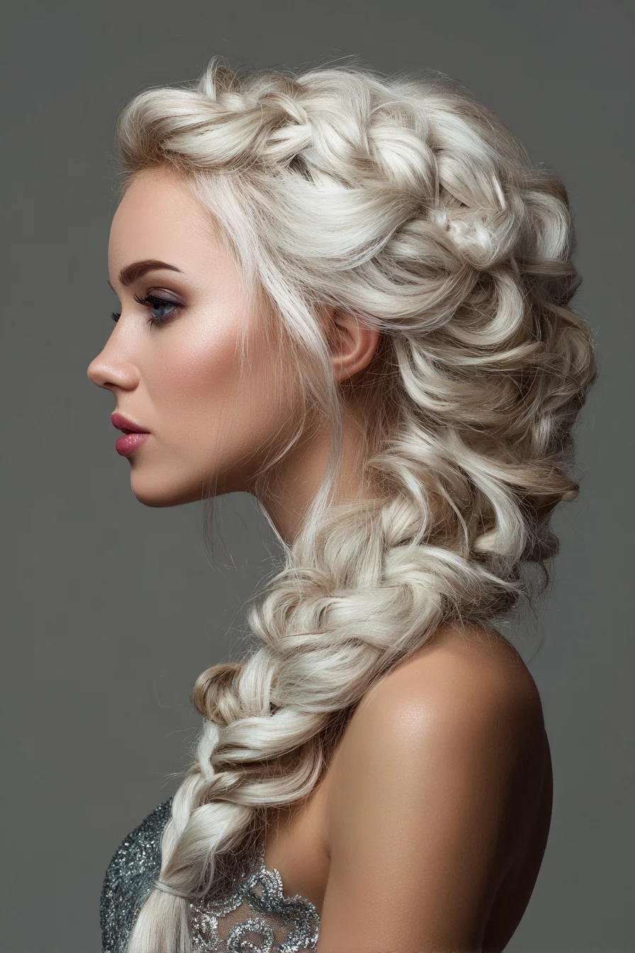 Voluminous Dutch Crown into Loose Side Braid — Chunky Textured Platinum Hairstyle