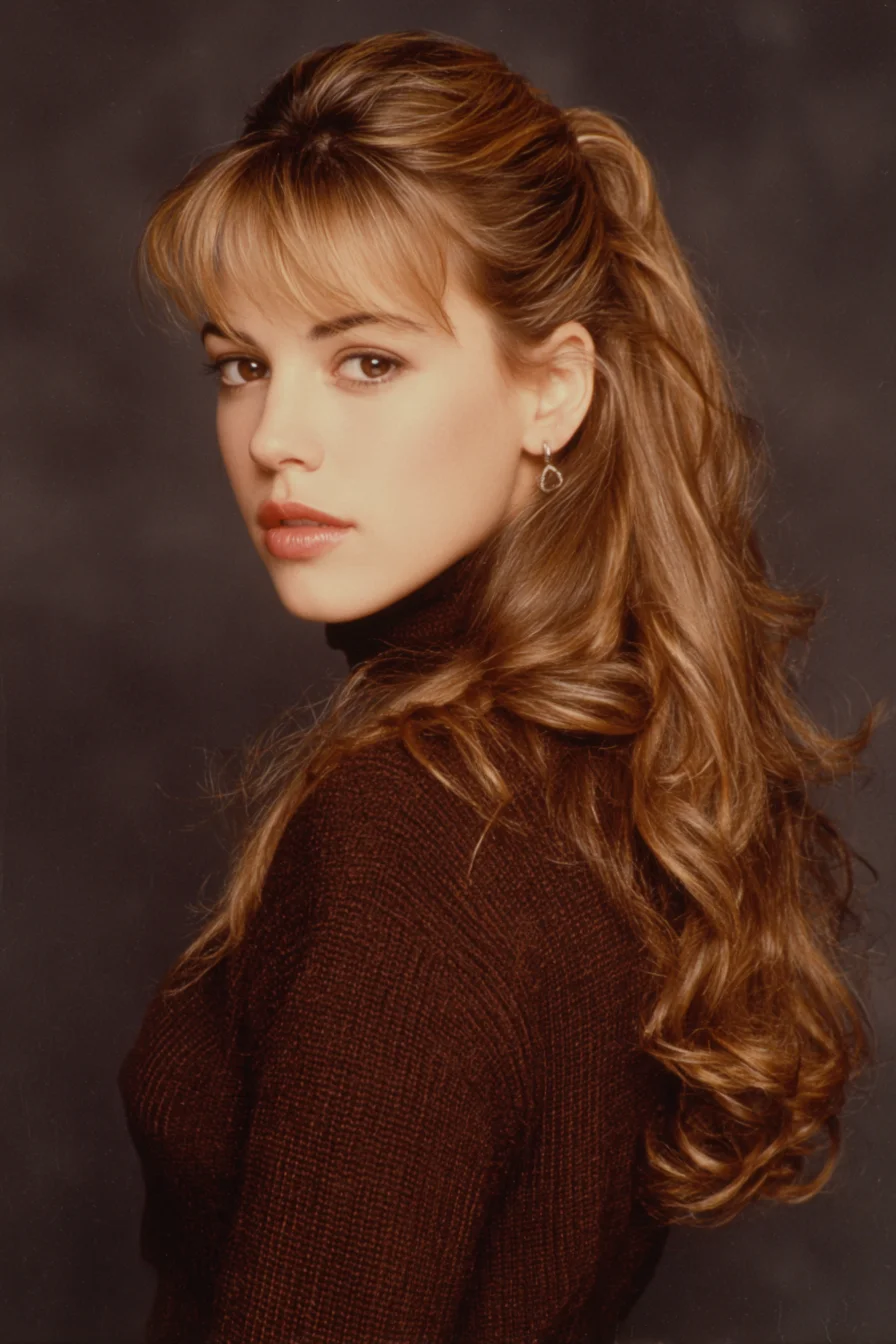 Voluminous Half-Up Ponytail with Soft Curtain Fringe and Loose Curls