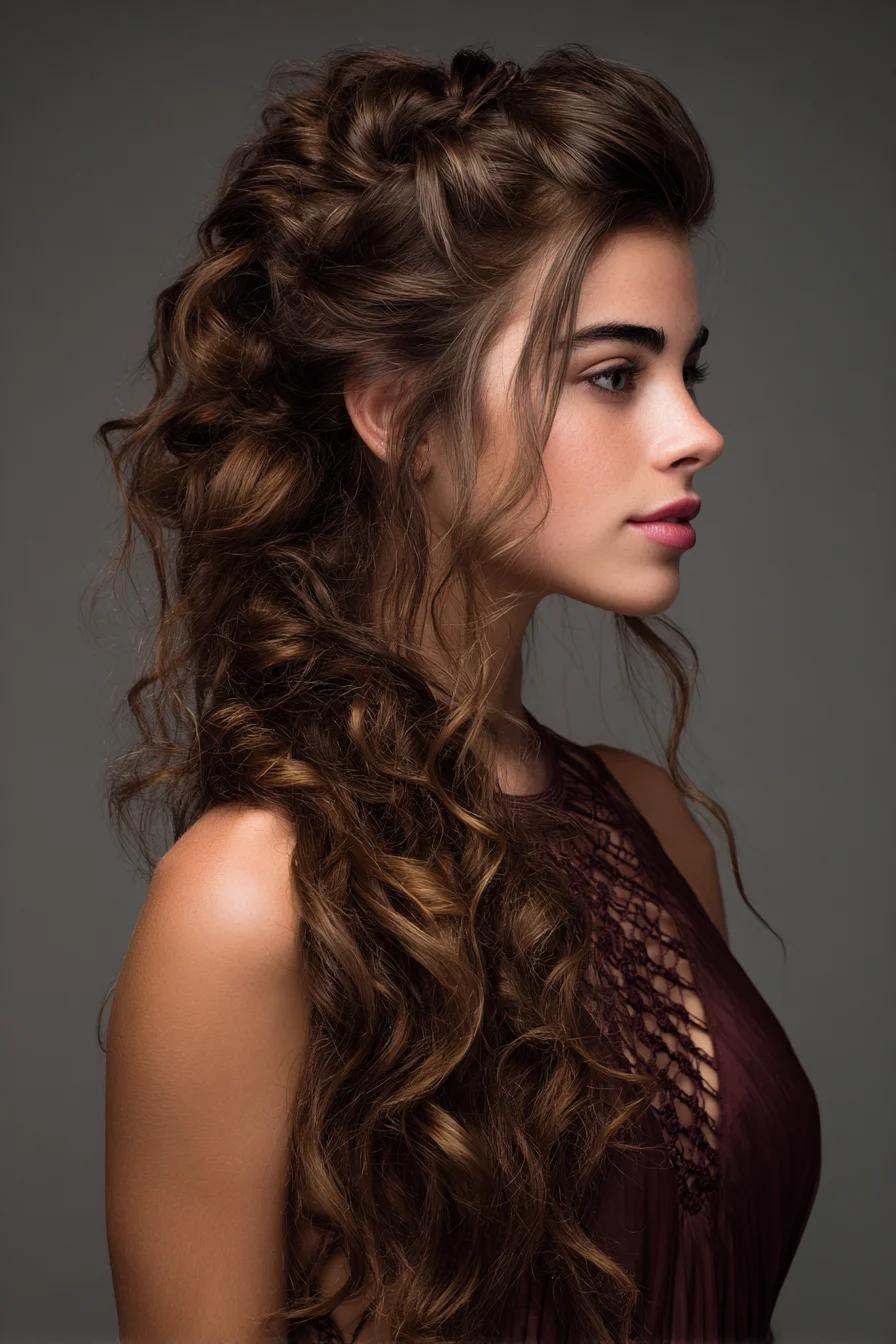 Voluminous Half-Up Romantic Curls with Textured Braid