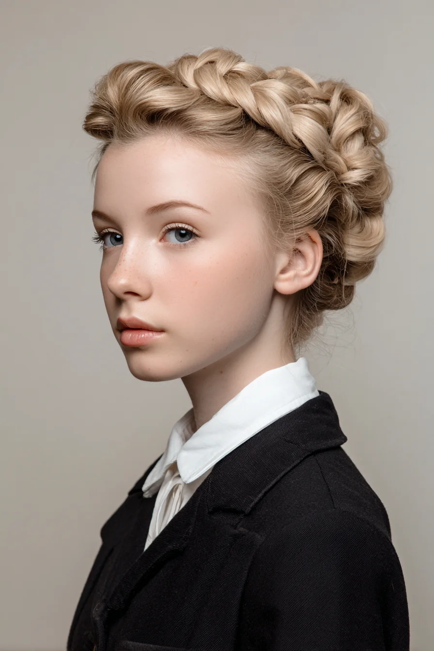 Voluminous Halo Crown Braid Updo — Loose Braided Milkmaid Style for Medium–Long Hair