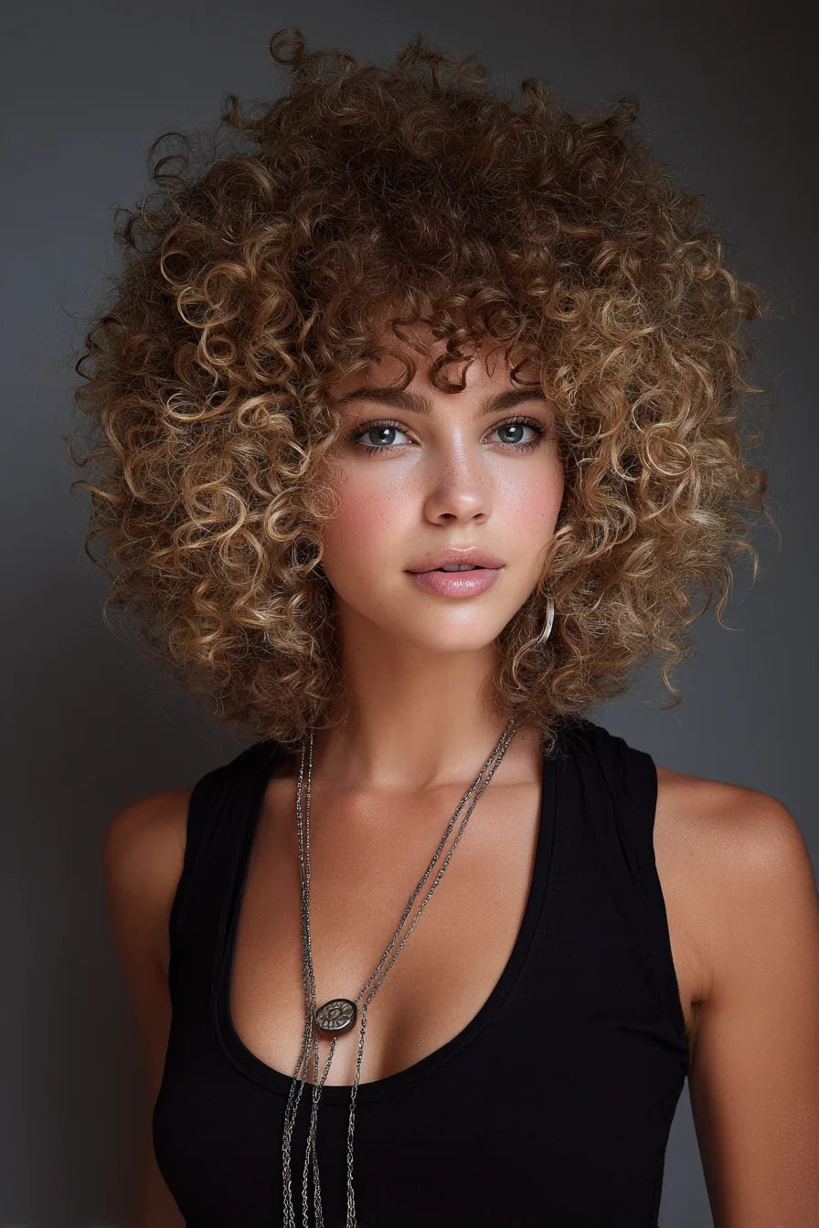 Voluminous Layered Curly Afro with Short Ringlet Bangs