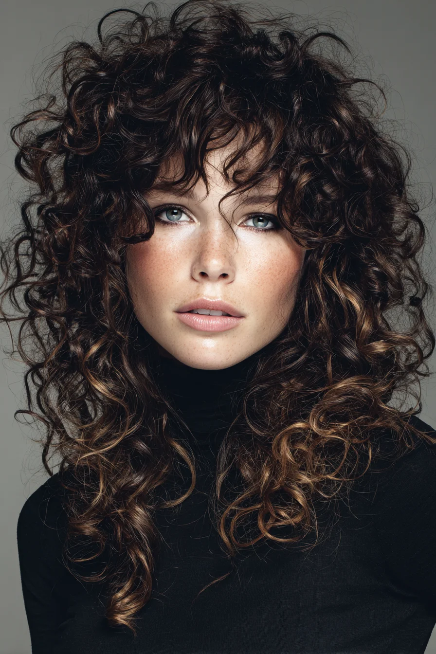 Voluminous Layered Curly Cut with Soft Curly Bangs