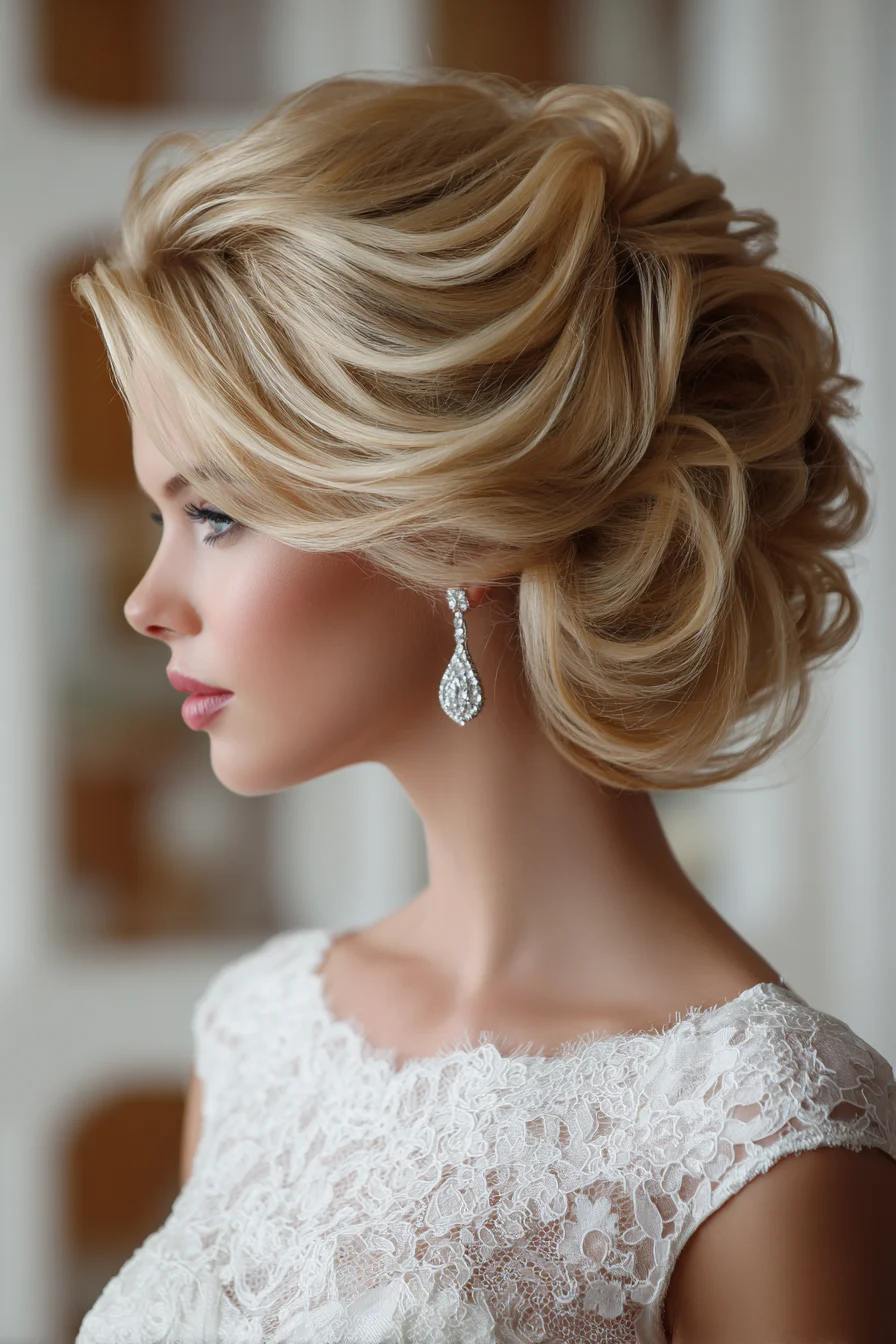Voluminous Low Chignon Bridal Updo with Soft Face‑Framing Layers