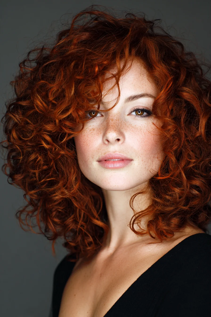Voluminous Shoulder-Length Copper Curly Cut with Face-Framing Layers