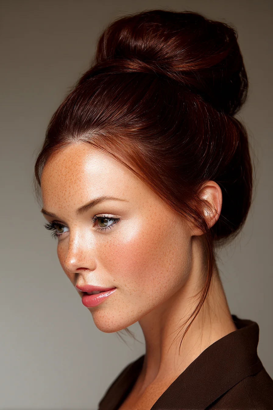 Voluminous Sleek High Bun with Face‑Framing Tendrils